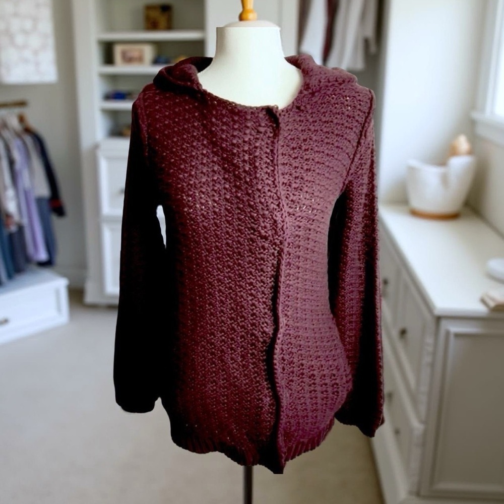 Moda International Cardigan Hooded Sweater Burgundy Small
